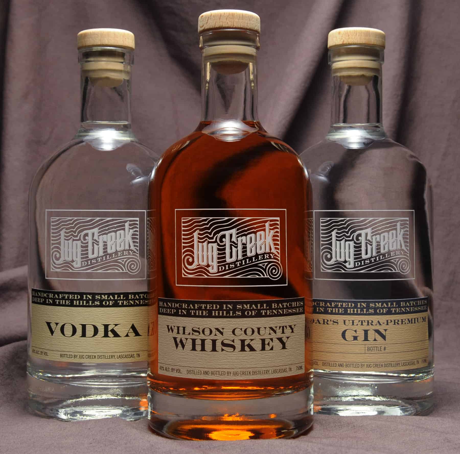 Jug Creek Vodka, Whiskey and Gin bottles