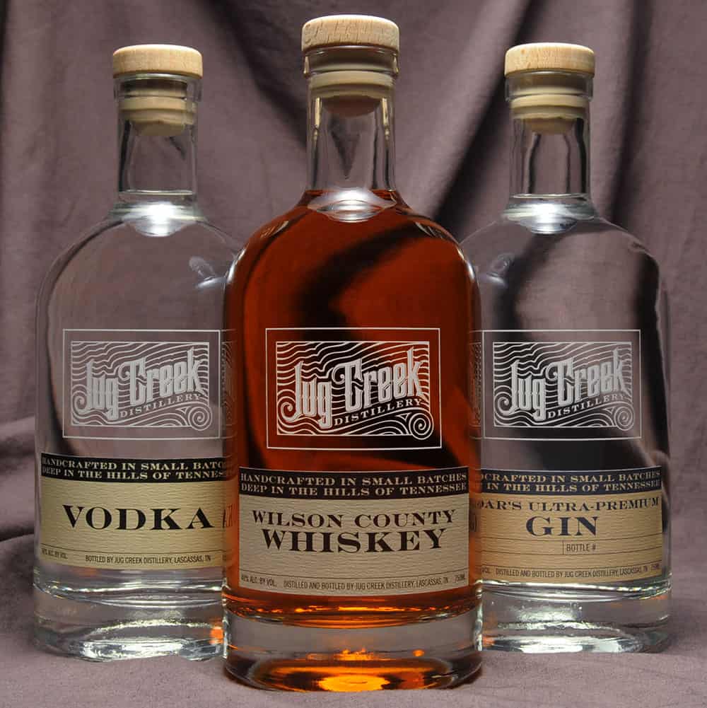 Jug Creek Vodka, Whiskey and Gin bottles